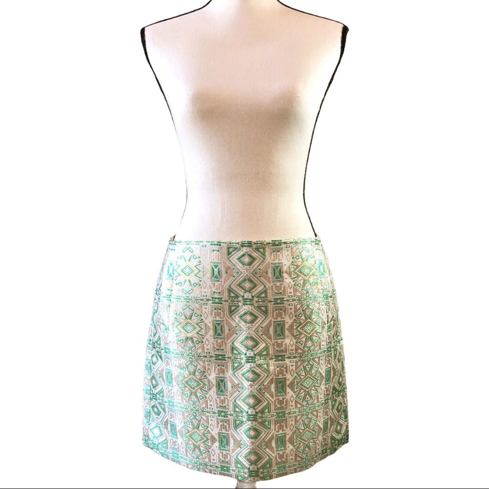 J. Crew Factory brocade mini skirt off white, green, metallic, pockets 2 NWT
